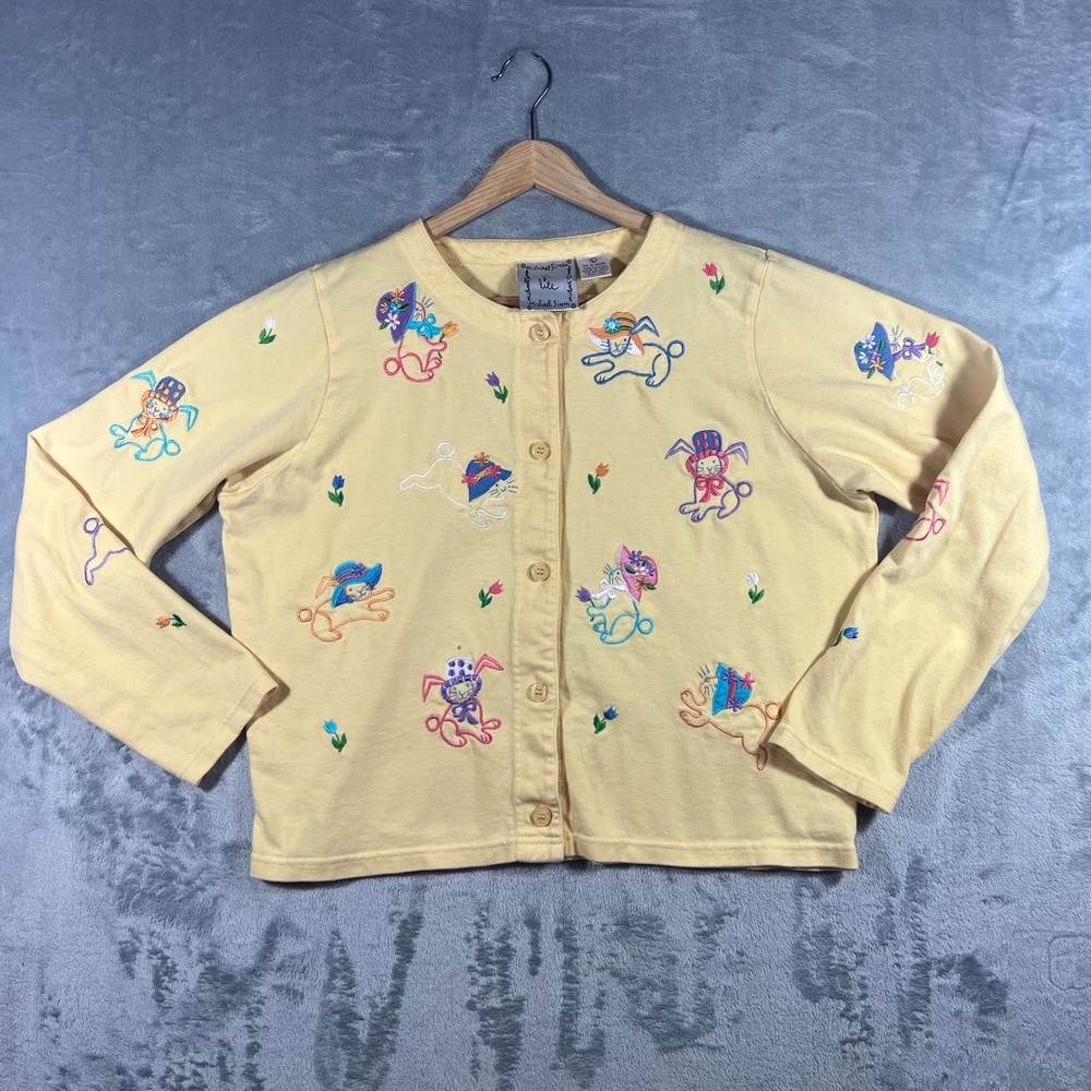Michael Simon Cardigan Womens L Yellow Easter Bunny Embroidered Cotton Knit Cute